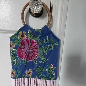 CUTE silky handbag.  Beaded with beaded fringe, floral tropical print